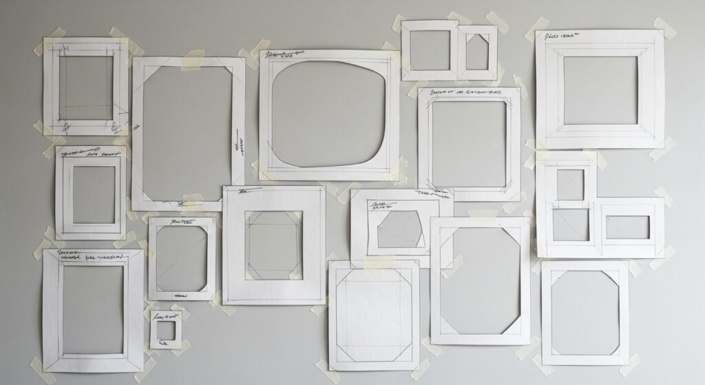 planning wall art arrangement before hanging by jalkify by artisan anthology