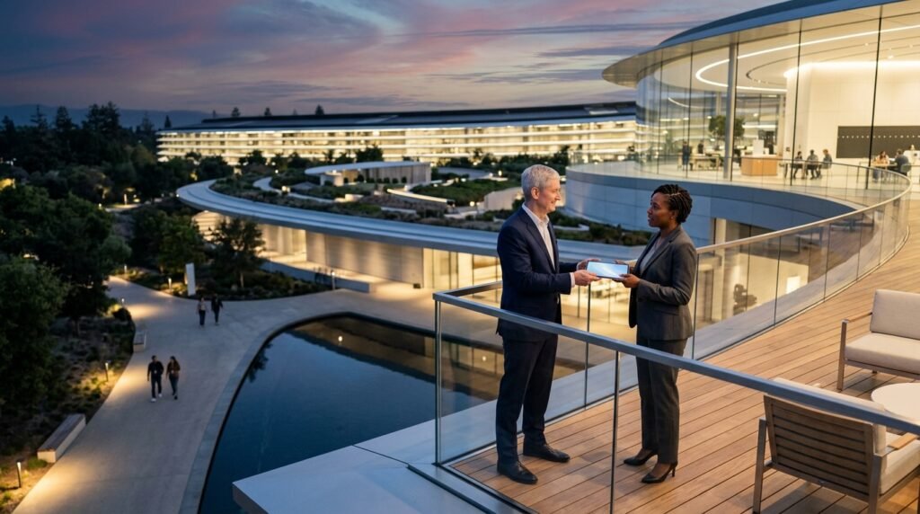 Apple leadership transition concept showing Tim Cook and John Ternus in futuristic HQ by jalkify